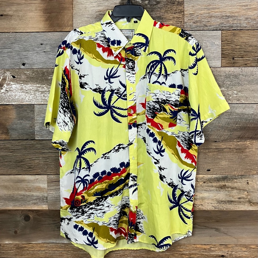 Adonis Men’s Size Large Hawaiian Button Up Short Sleeve Shirt Yellow & White